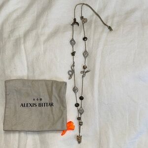 Alexis Bittar Gold and Crystal 38” Necklace with Jaguar, snake, scissors, etc